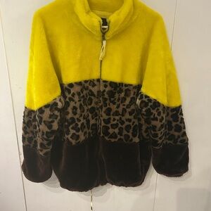 UGG Elaina Faux Fur Bomber Jacket Leopard Yellow Brown Size S